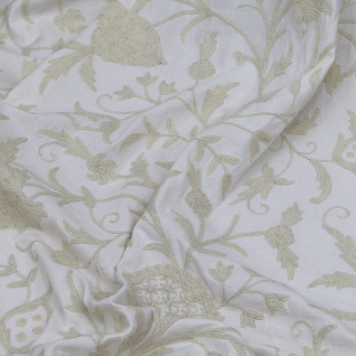 Hand Embroidered Danzdar White Crewel Fabric-4